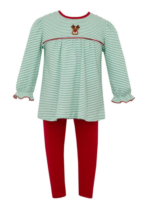 Petit Bebe Reindeer Face Green Stripe Tunic Set