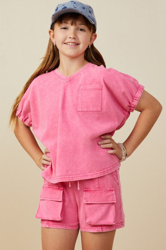 Pink Garment Washed Elastic Sleeve/Cargo Short Set