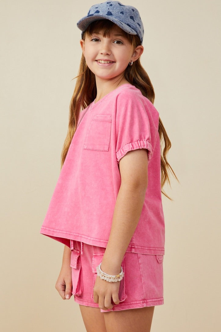 Pink Garment Washed Elastic Sleeve/Cargo Short Set