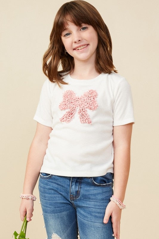 Girls Pearl Detailed Bow Patch Knit T Shirt