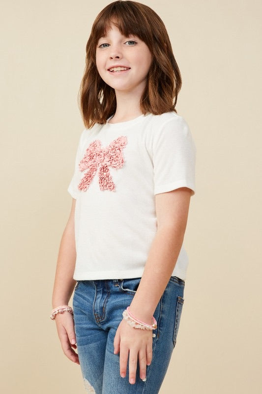 Girls Pearl Detailed Bow Patch Knit T Shirt