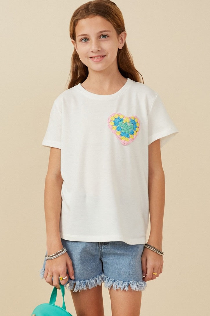 Girls Crochet Knit Heart Pocket Tee