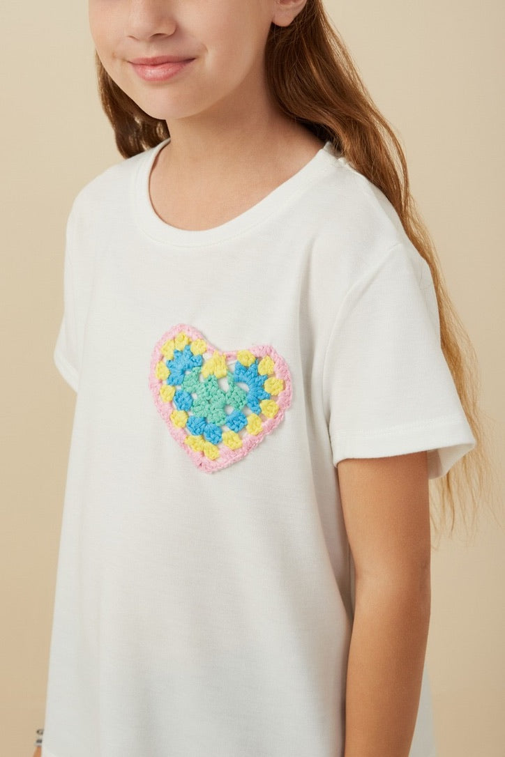 Girls Crochet Knit Heart Pocket Tee