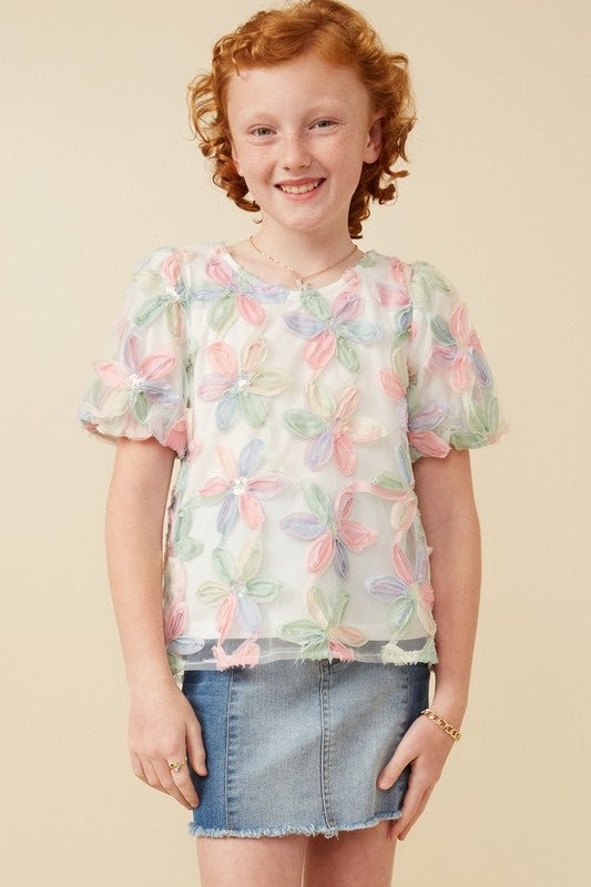 Girls Sequined Floral Applique Bubble Sleeve Top