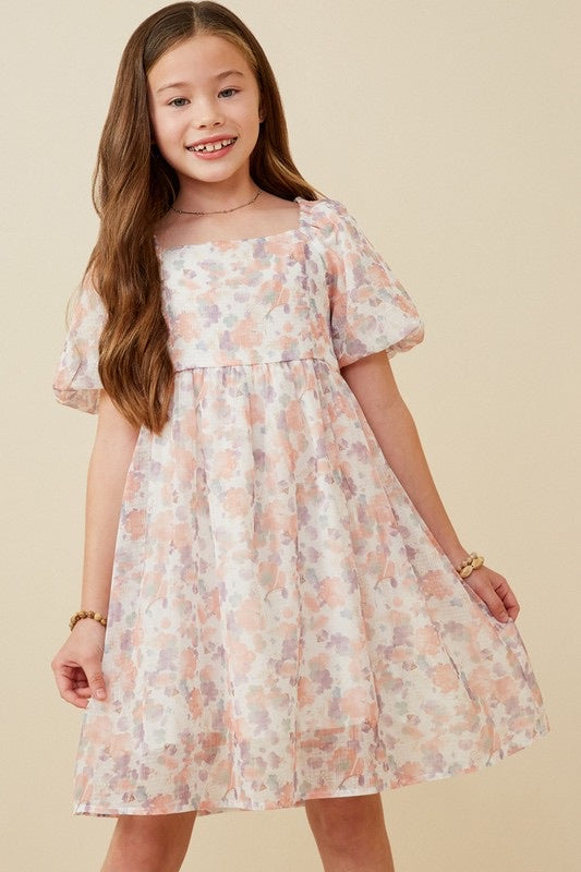 Girls Watercolor Print Smocked Back Trumpet Sleeve Dress