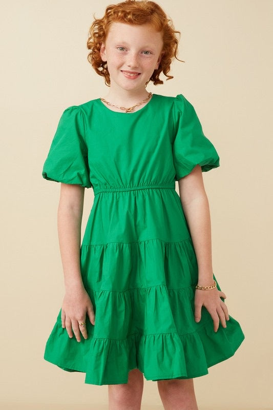 Girls Kelly Green Bow Back Poplin Sleeve Dress