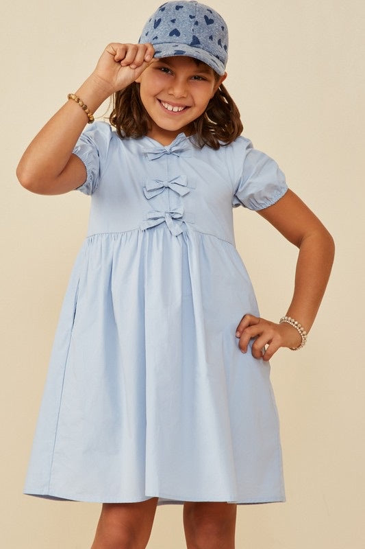 Girls Ribbon Detailed Blue Puff Sleeve Dress