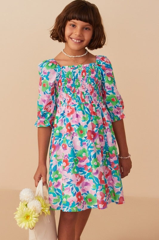 Smocked Bodice Floral Puff Sleeve Dress