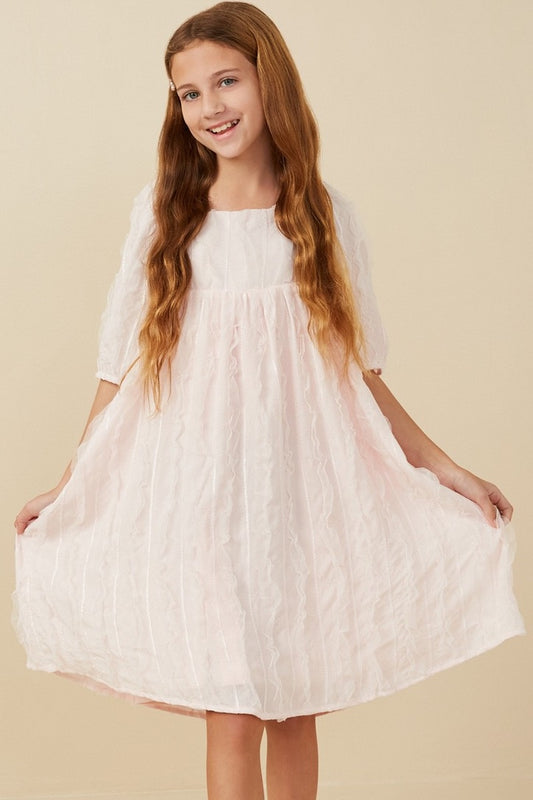 Girls Lt Pink Ruffled Mesh Square Neck Dress