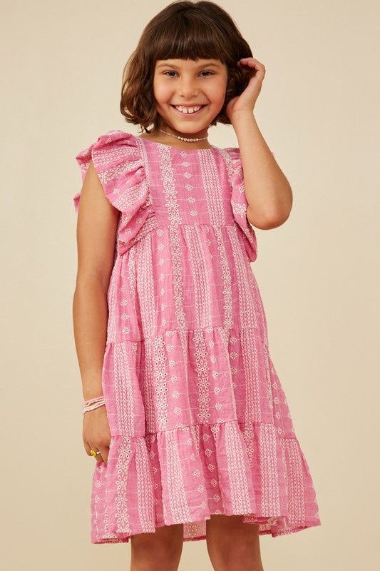 Girl Embroidered Pink Ruffled Sleeve Dress