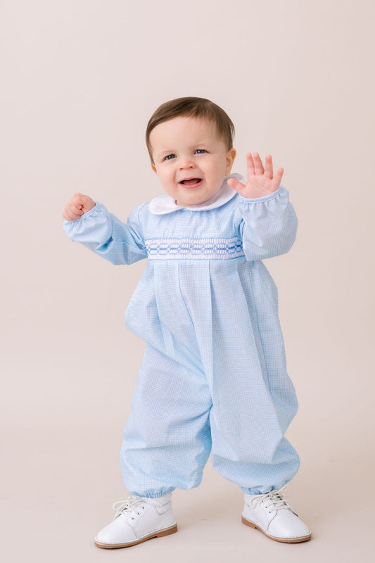 LS Christopher Romper LS  Baby Blue Minigingham
