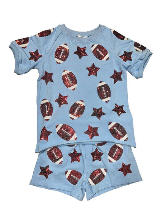 Belle Cher Light Blue Football Sequin Short Set