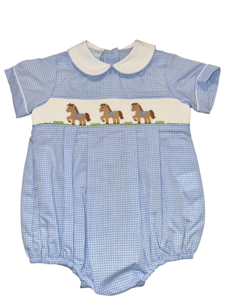 Petit Bebe Horses Boy Blue Gingham Bubble