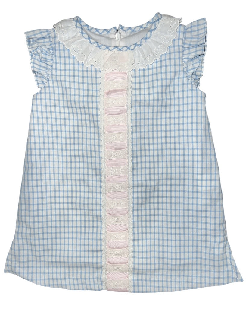 Lt Blue Window Check Float Dress w/Pink Ribbon