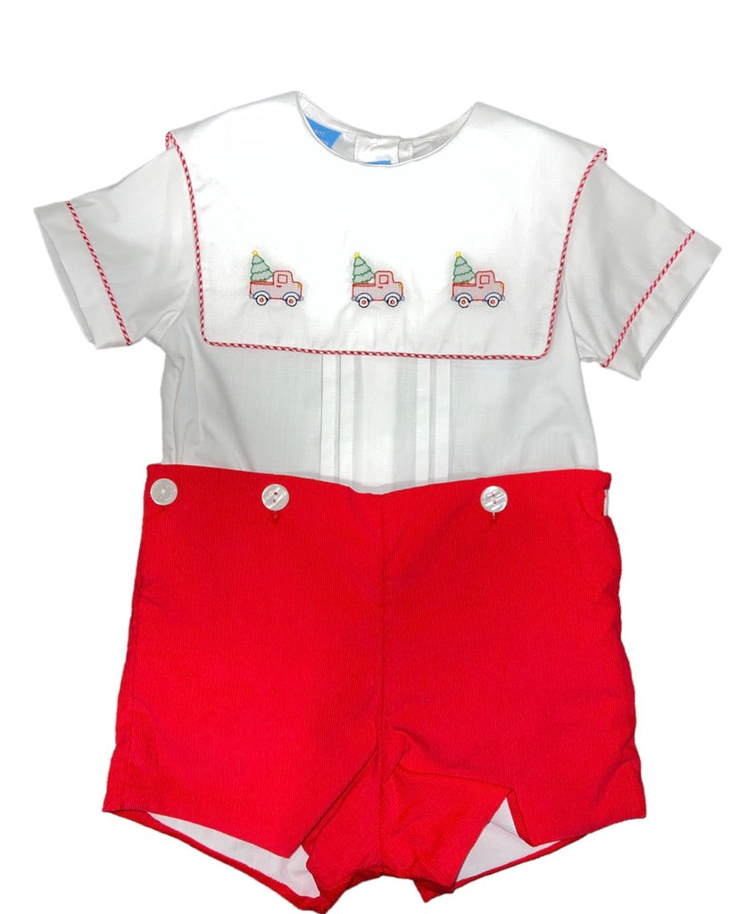 Red Corduroy Christmas Tree Truck Short Set