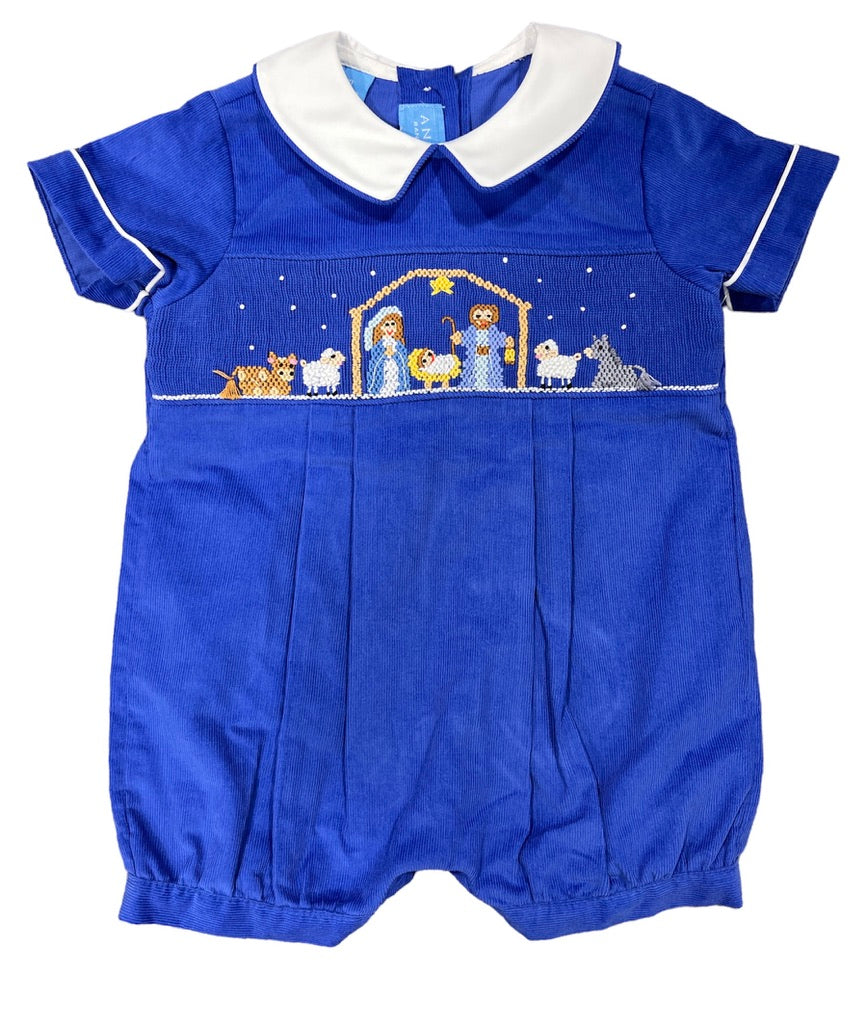 Smocked Collared Royal Blue Nativity Bubble