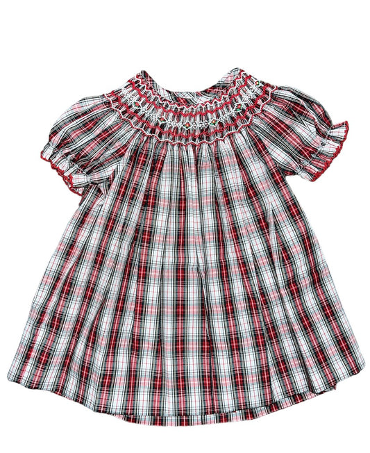 White & Red Holiday Plaid Bishop Dress