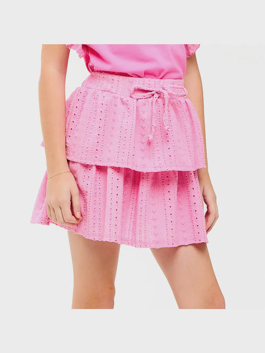 Good Girl Embroidered Eyelet Tiered Skort - Pink