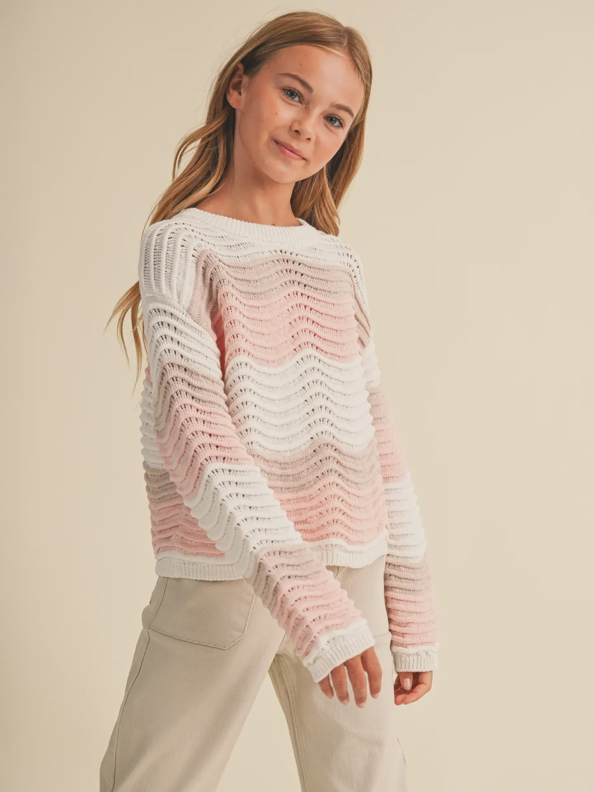 Heart & Arrow Crew Neck Wavy Rib Knit Pull Over