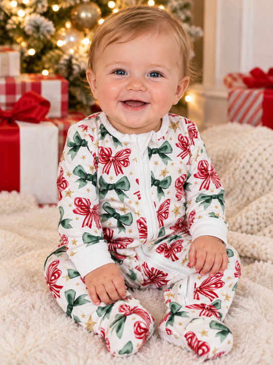 Belle Cher Old Fashioned Christmas Bows Bamboo Romper