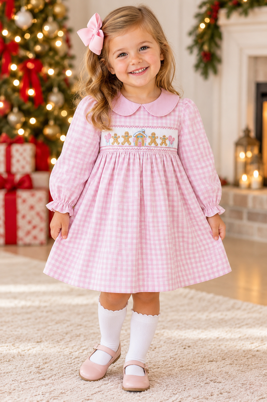 Delaney Pink/White Checked Smocked Gingerbread House