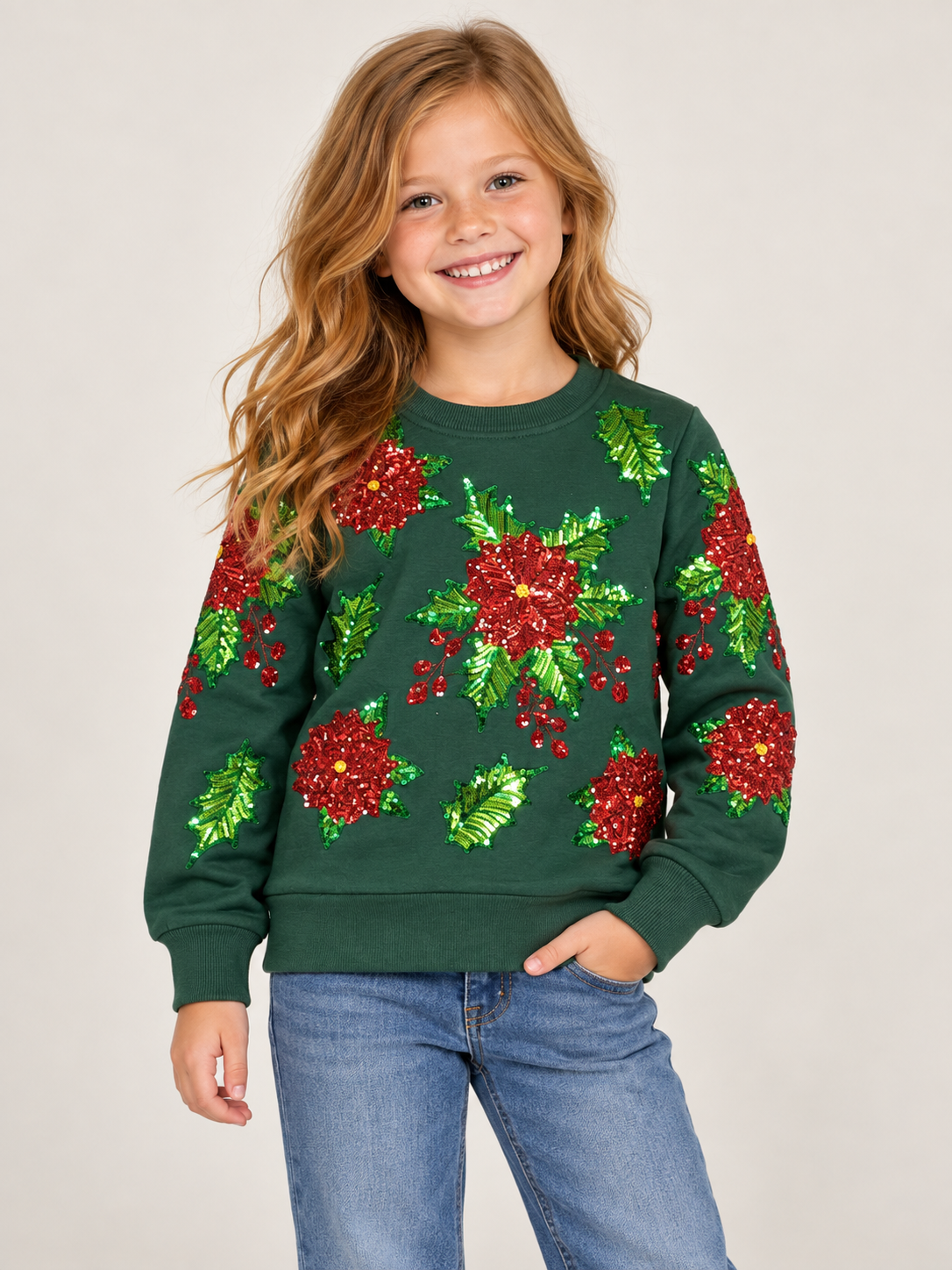 Belle Cher Kid's Sequin Poinsettia Sweatshirt