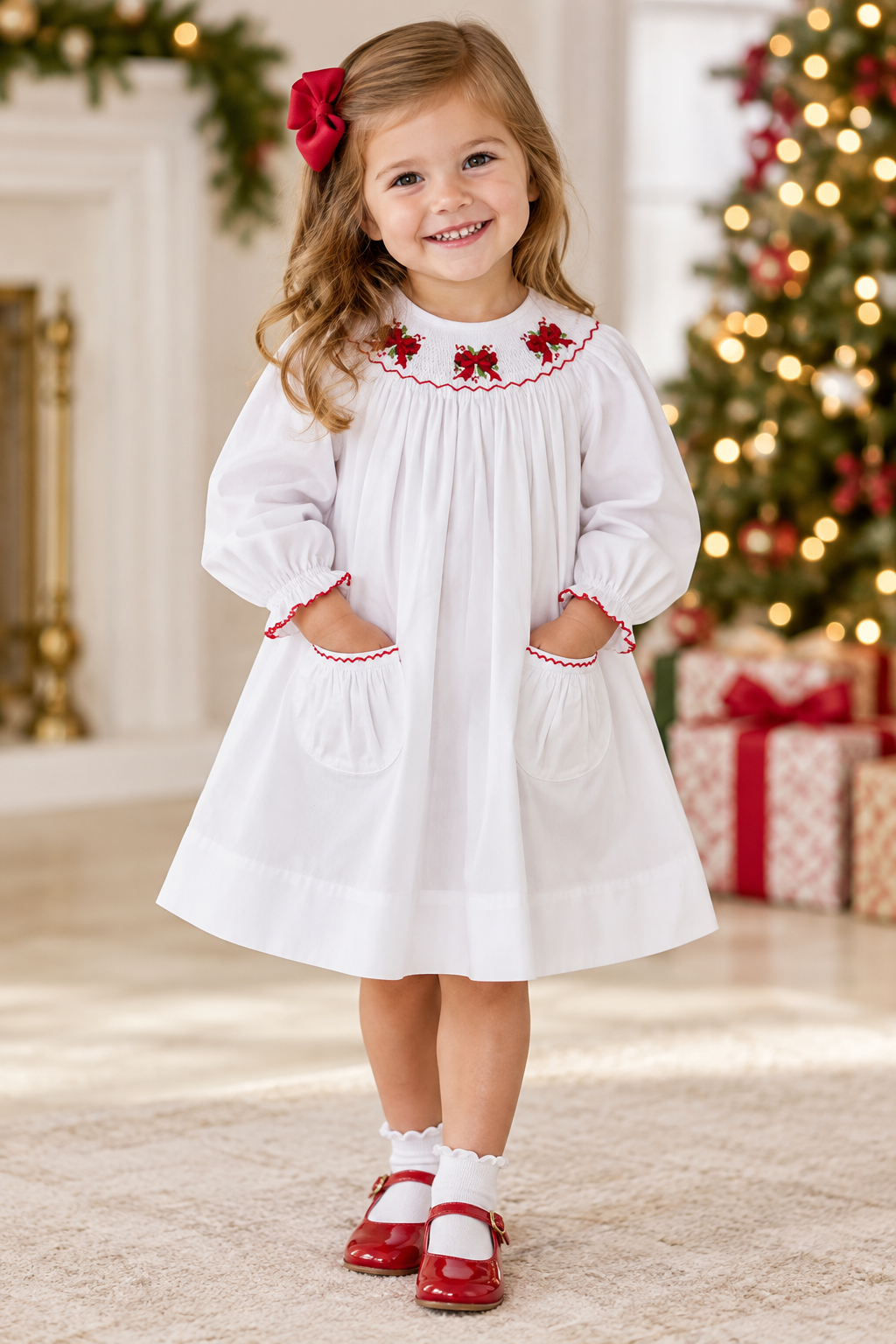 Delaney Girls White LS Smocked Holly Bow Dress