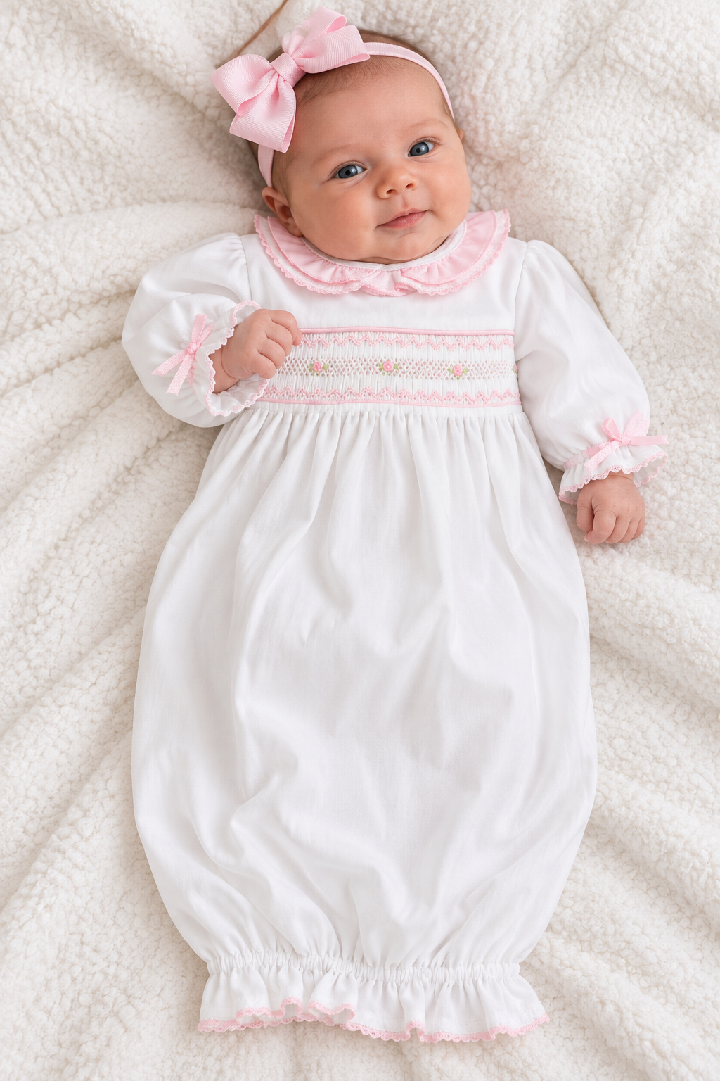 Little Threads White/Pink Jacquard Smocked Gown - NB