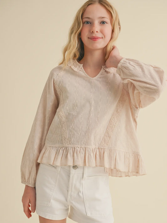 Heart & Arrow Beige Raglan Blouse with Lace Trim