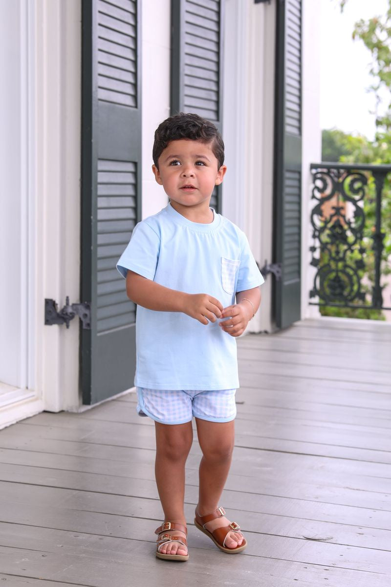 Trotter Street Kids Madden Short Set Lt Blue Gingham