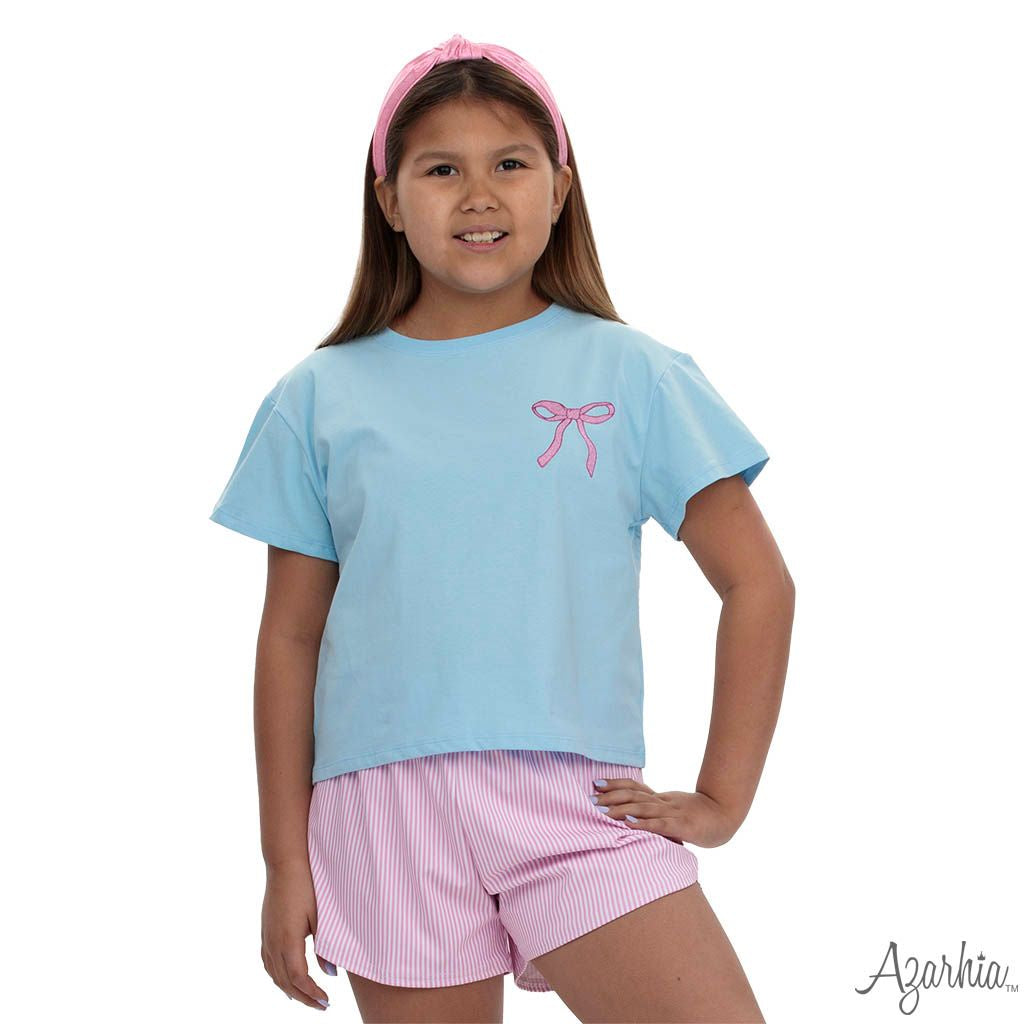 Azarhia Pink Glitter Bow Lt Blue Tee