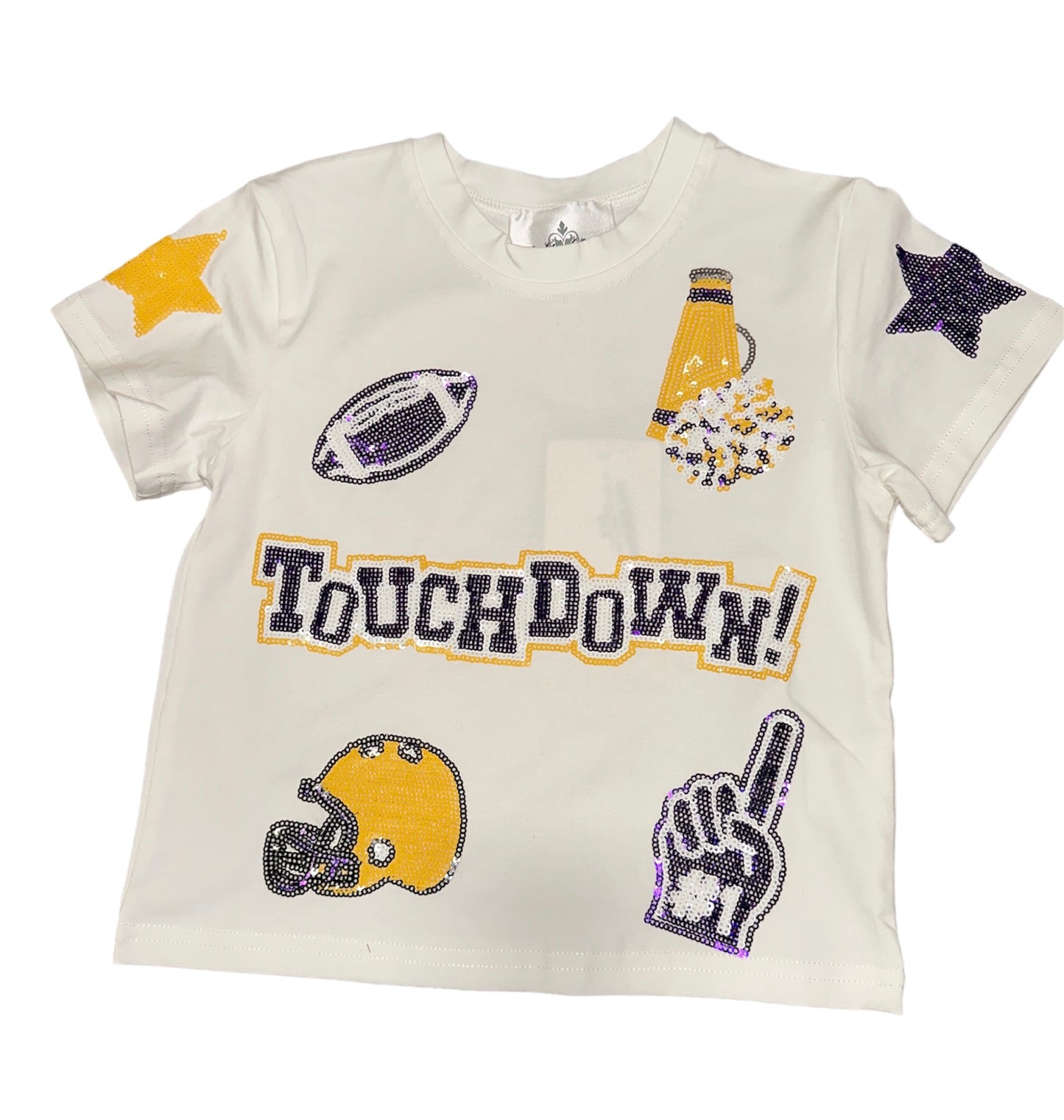 BC Purple and Yellow Football Collage Sequin Shirt