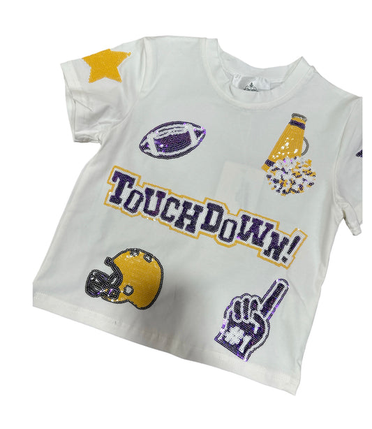 BC Purple and Yellow Football Collage Sequin Shirt