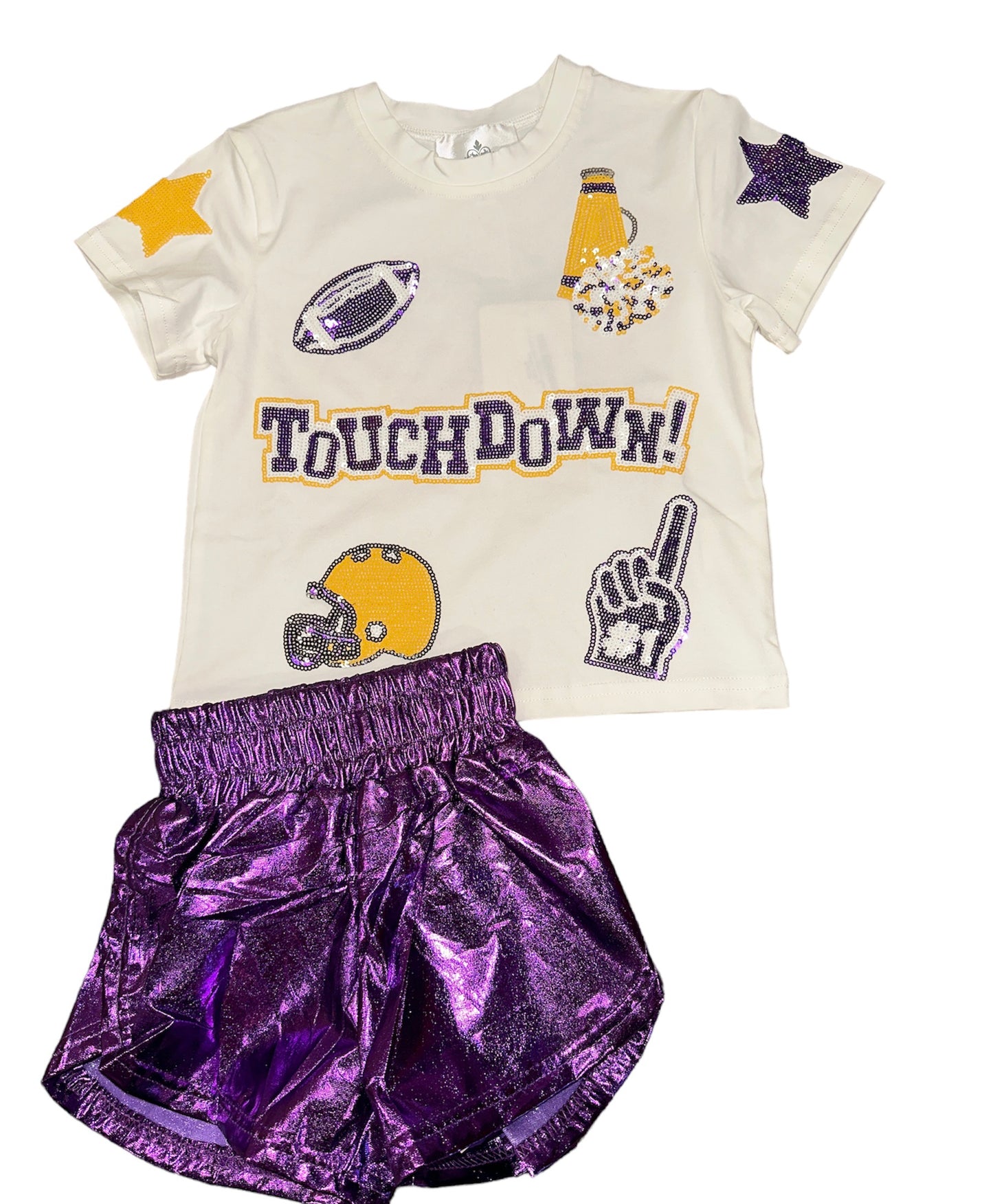 BC Purple and Yellow Football Collage Sequin Shirt