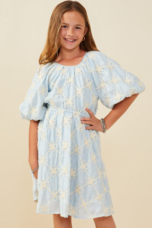 Hayden Girl Floral Embroidered Puff Sleeve Dress - Blue
