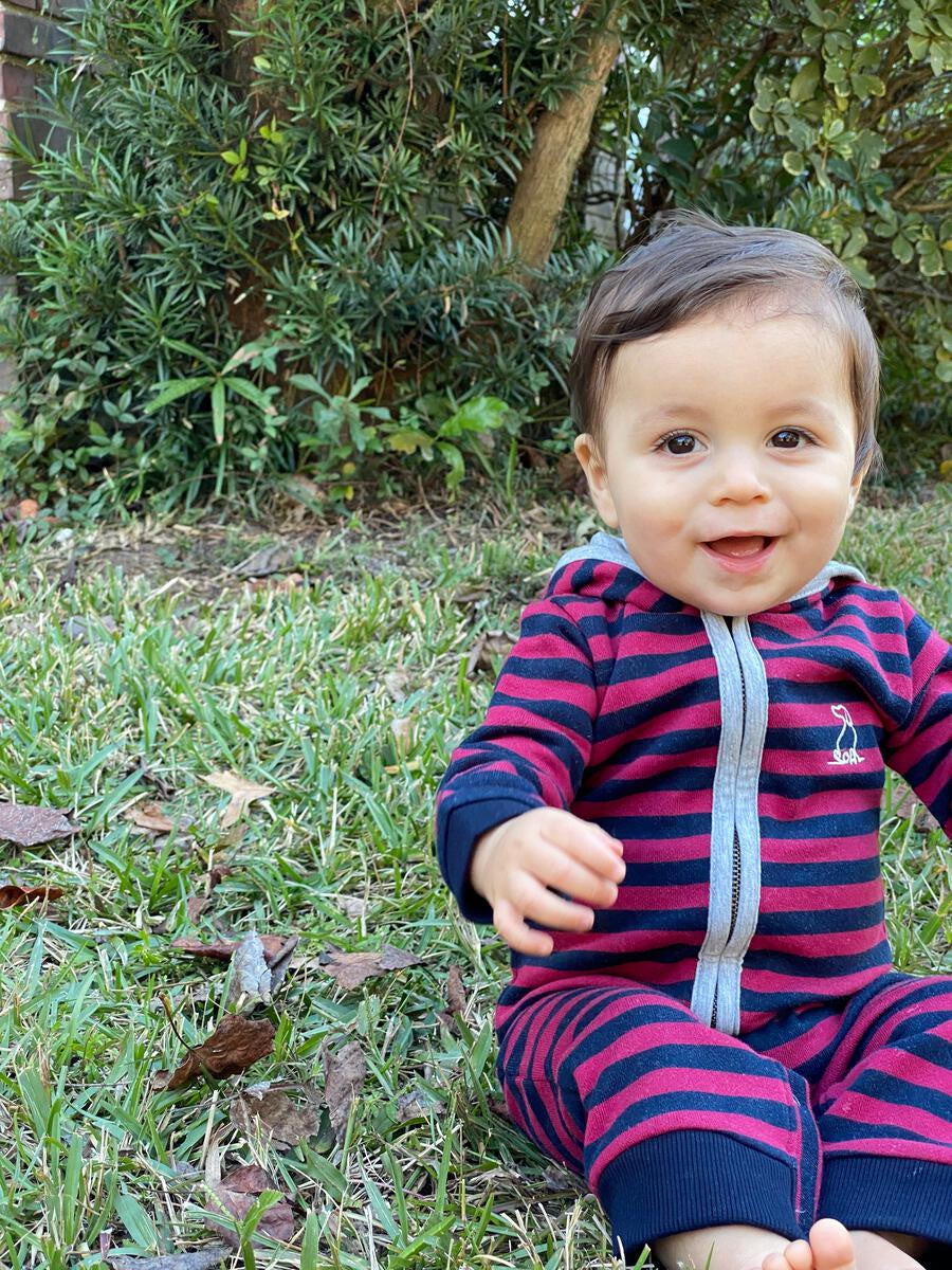 Blaine Hooded Romper Burgundy Stripe