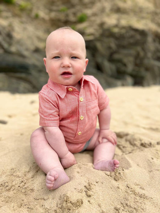 Red Micro Check Helford Woven Onesie
