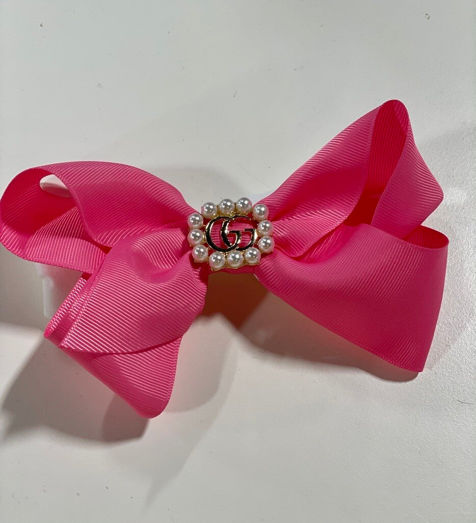 6'' Pink Bow w/GG Square Pearl Center