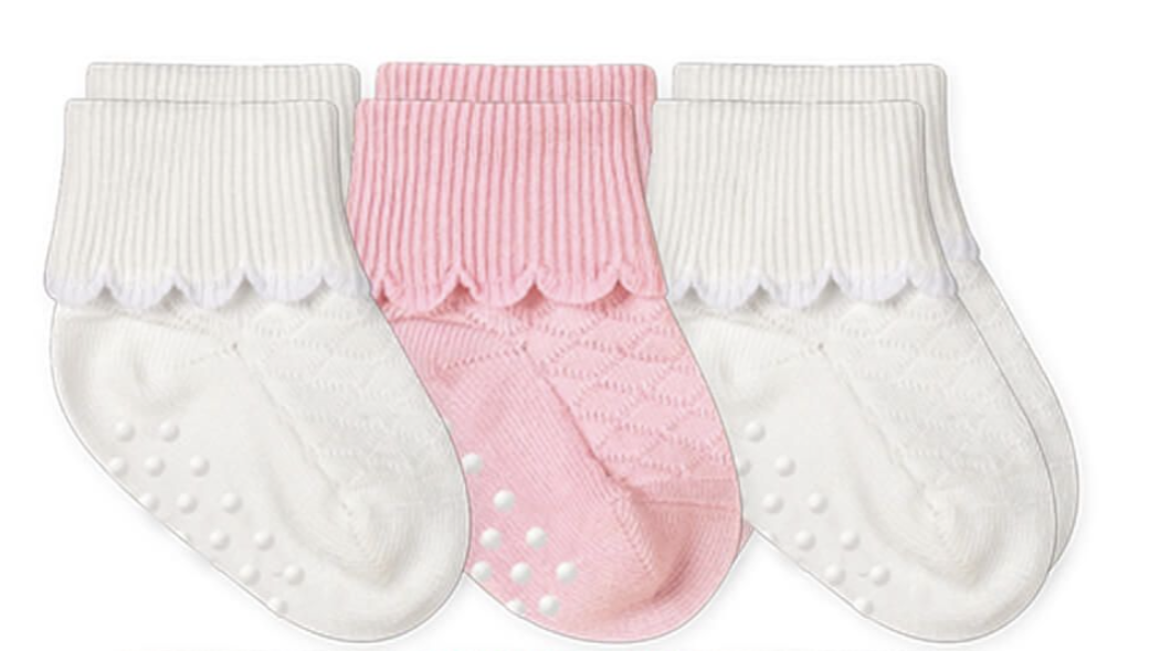 Pink /White Non-Skid Scalloped Cuff Socks 6 Pair Pack
