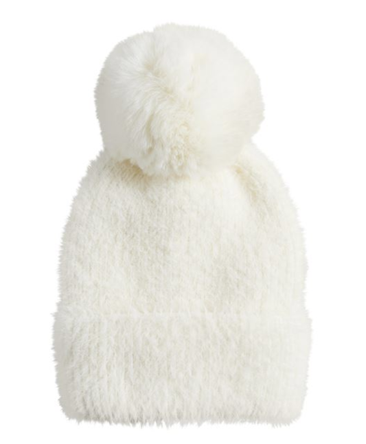 IVORY FUZZY POM KNIT HAT