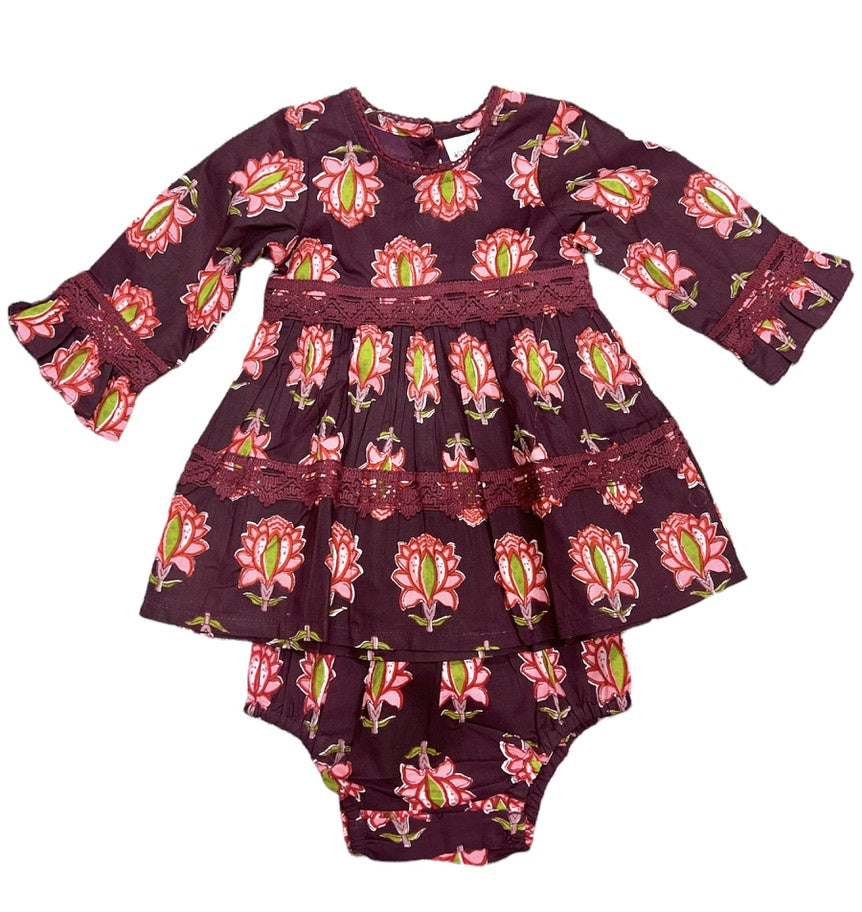 Maroon/Coral Floral Dress & Bloomer