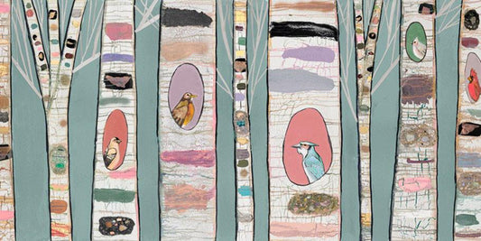 Birch Tree w wild birds 36x18