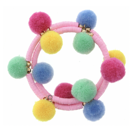 Kids Pink Sequin Wrap w/ Multi Pom Poms Bracelet