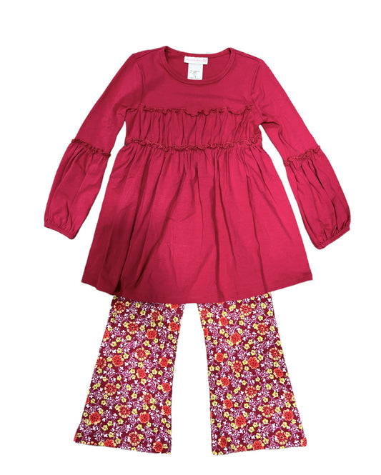 Burgundy Tiered Top w/Floral Flare Pants