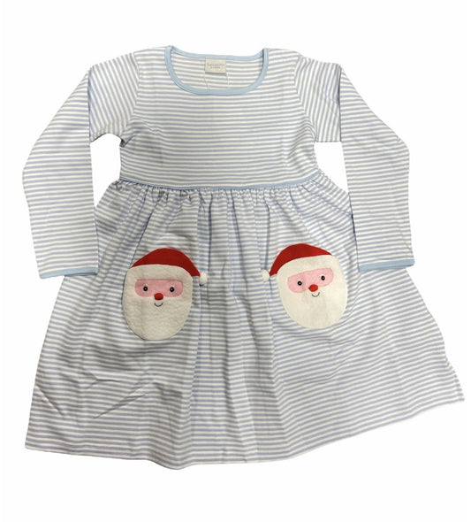 Blue Stripe Sherpa Pockets Santa Squiggles Dress