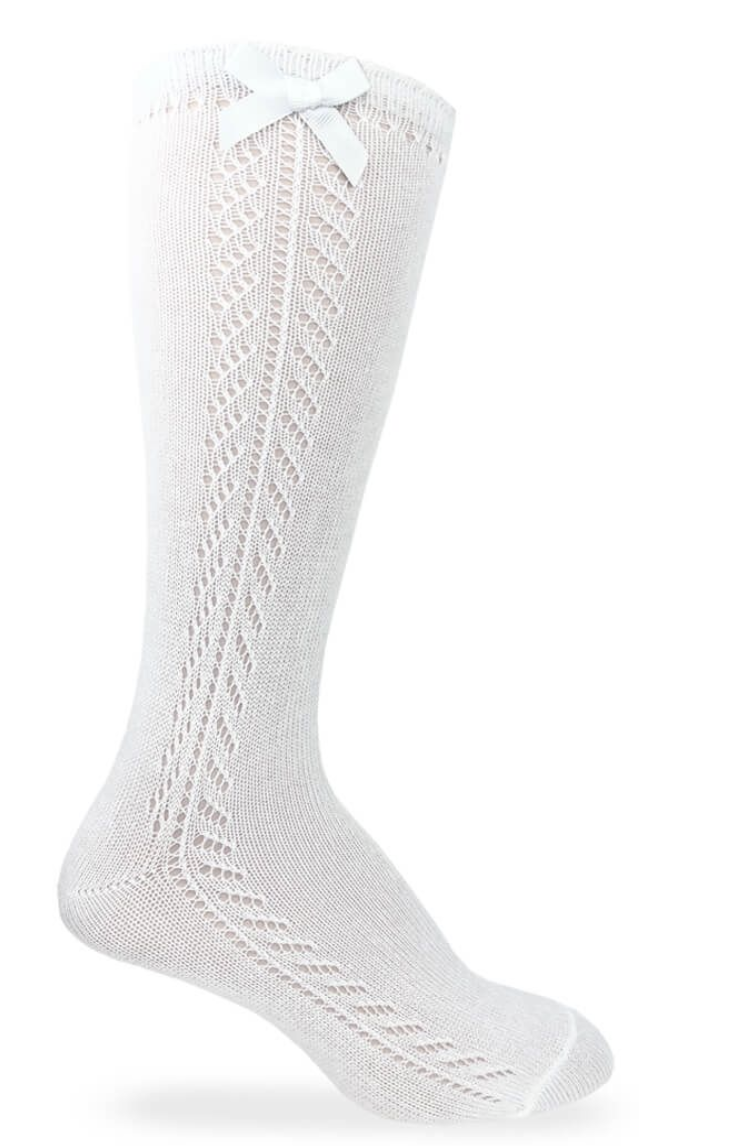 White Pointelle Bow Knee High Socks