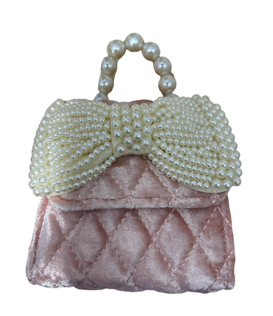 Pink Quilted Velvet Purse w/Pearl Bow