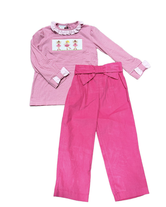 Ballerina Smocked Pink Stripe Long Sleeve w/ Hot Pink Corduroy Pants