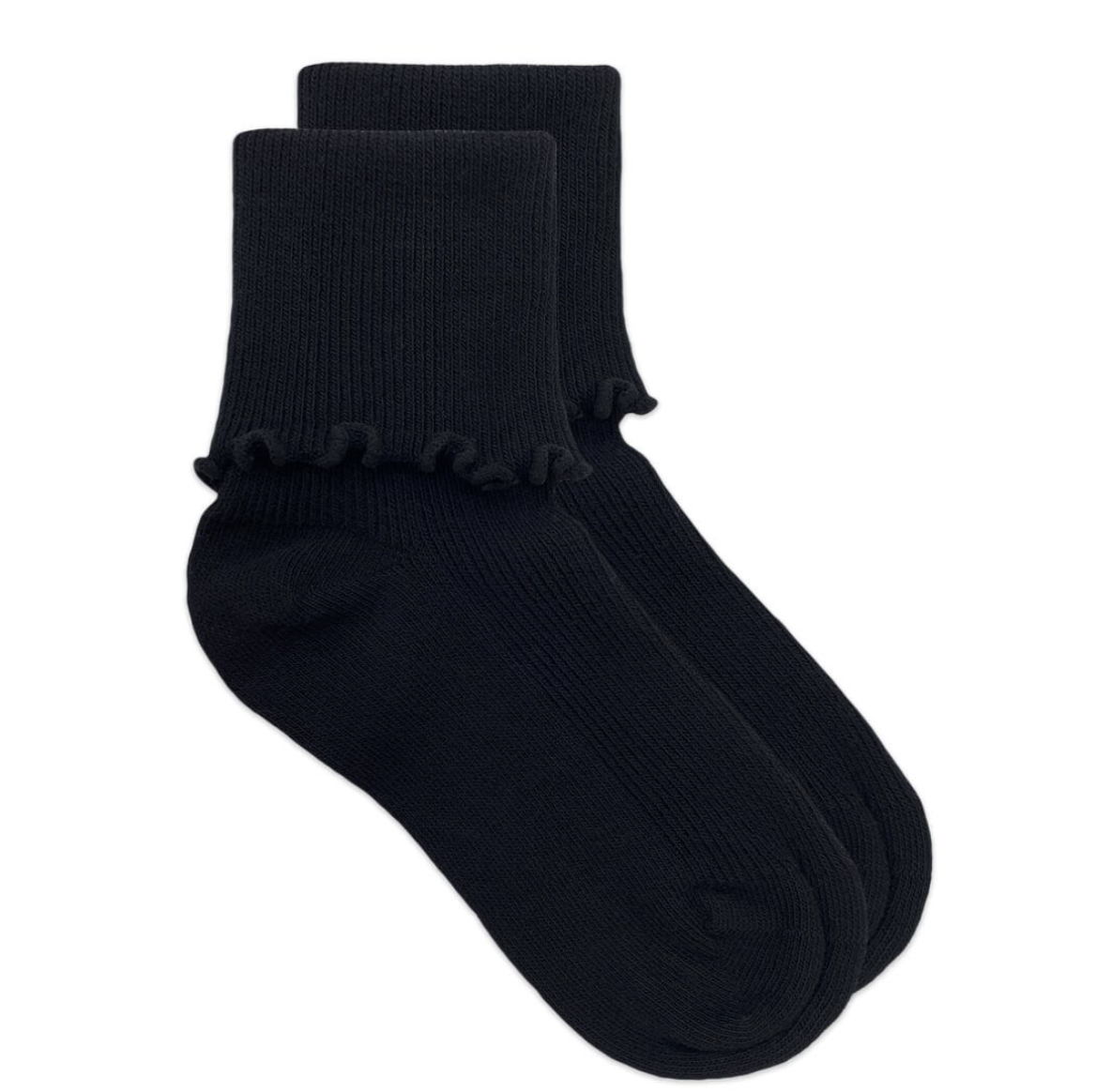 Black Seamless Ripple Edge Turn Cuff Crew Socks