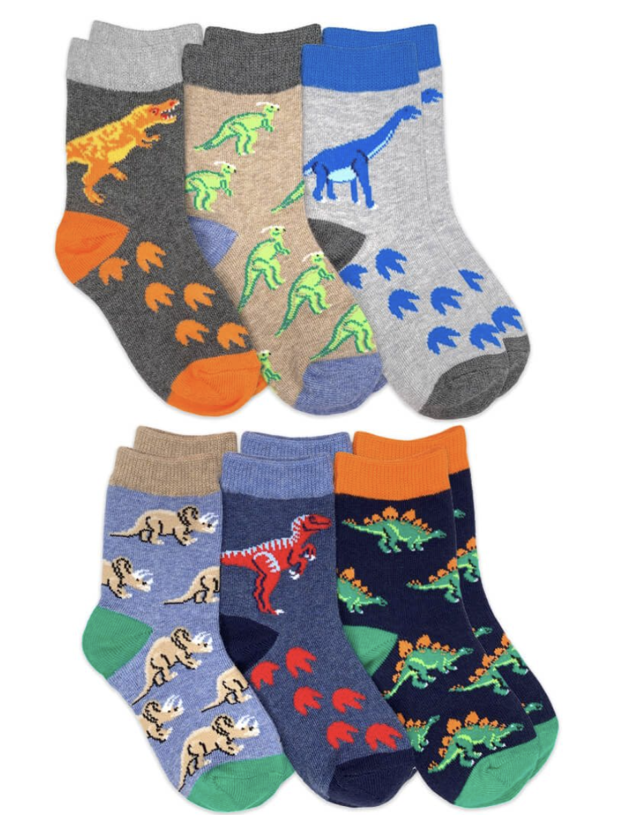 Dinosaur Pattern Crew Socks 6 Pair Pack